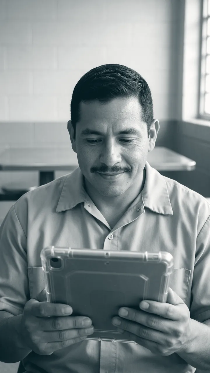 A man reading on a tablet with a slight smile.