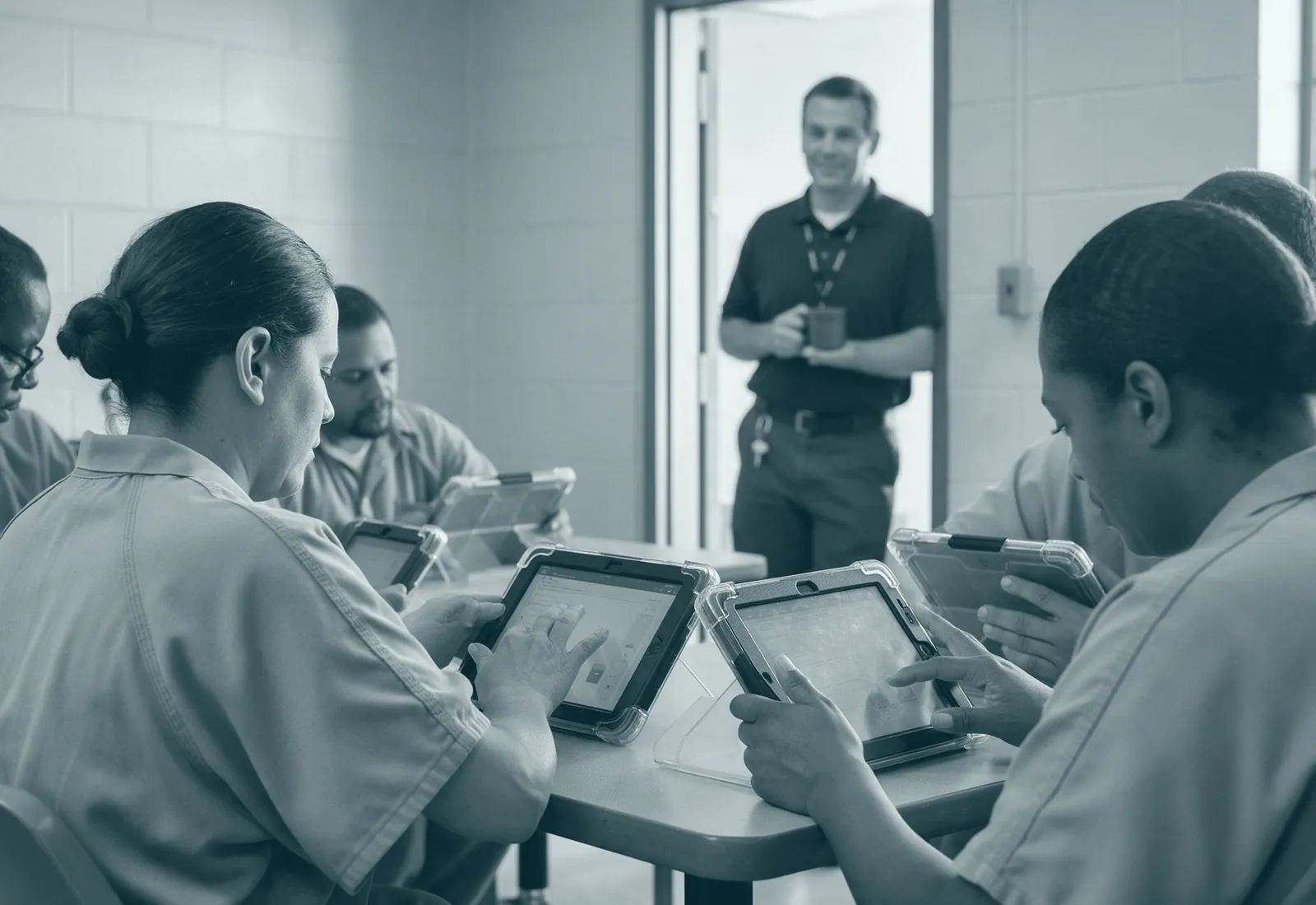 A staff member with a coffee watches from the doorway while people work on tablets on their own.