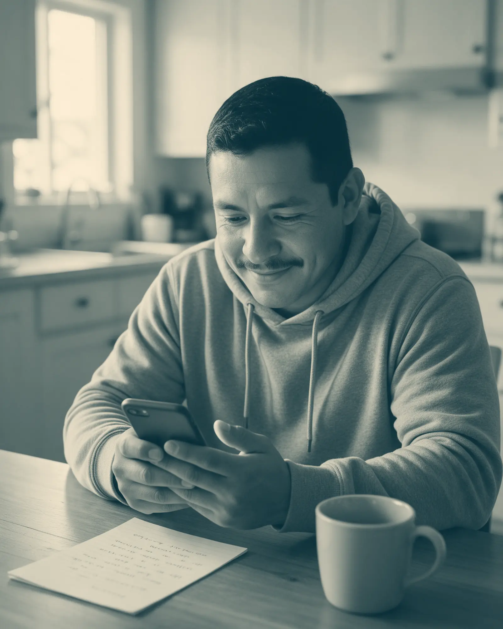 The same man at his kitchen table at home, holding a phone next to a handwritten list.