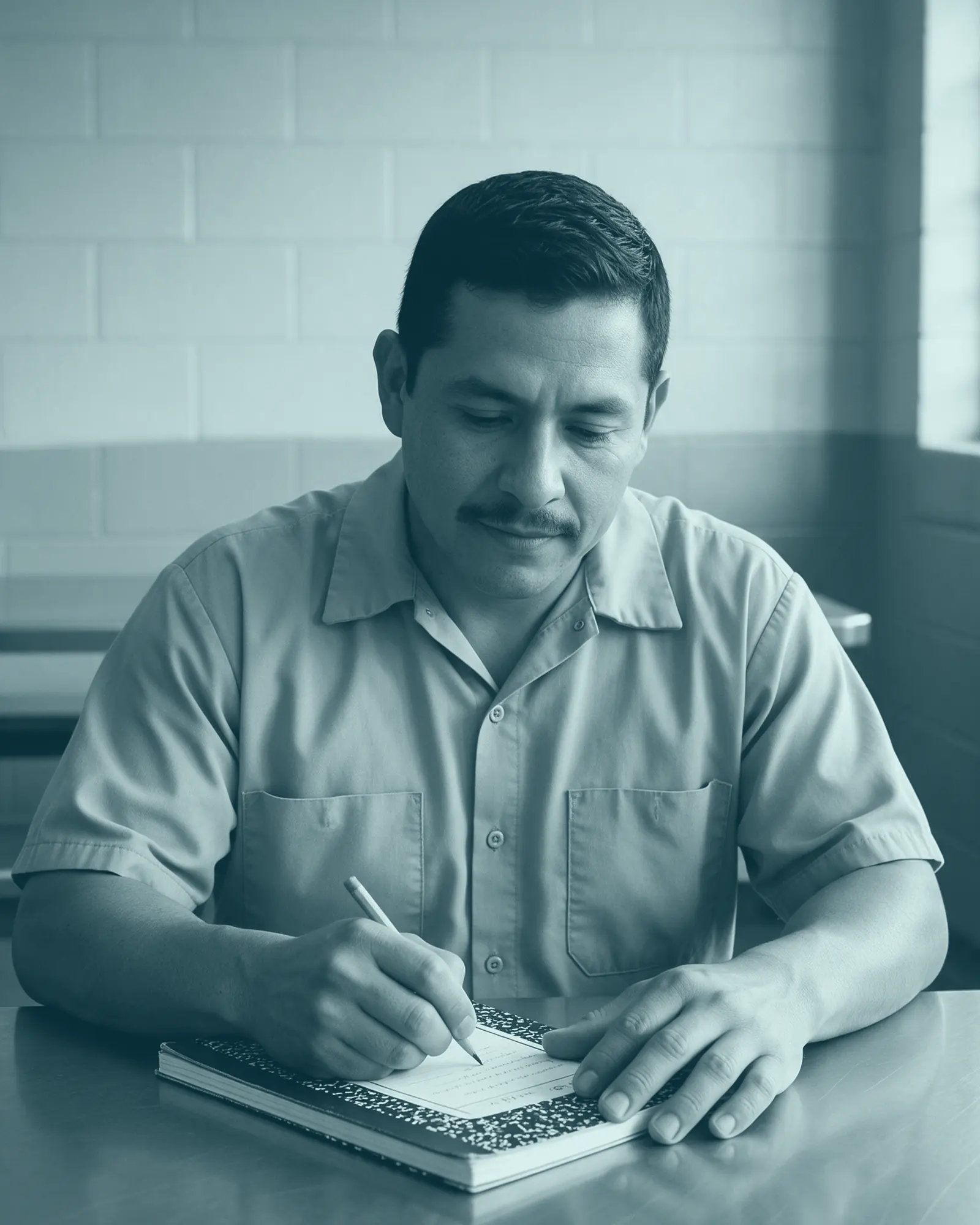 A man writing in a notebook at a table in a jail program room.