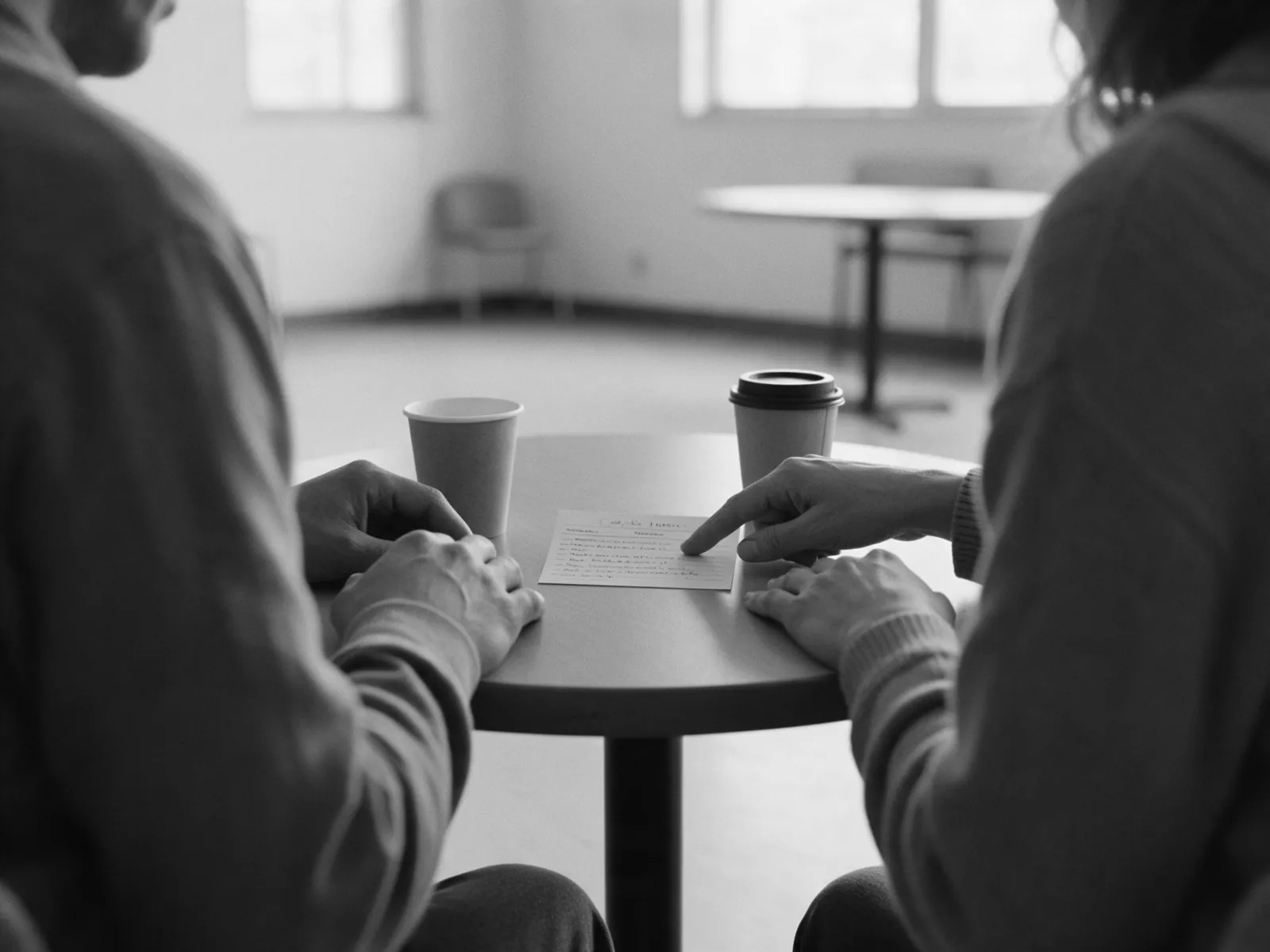 Two people at a table working through a printed plan together.